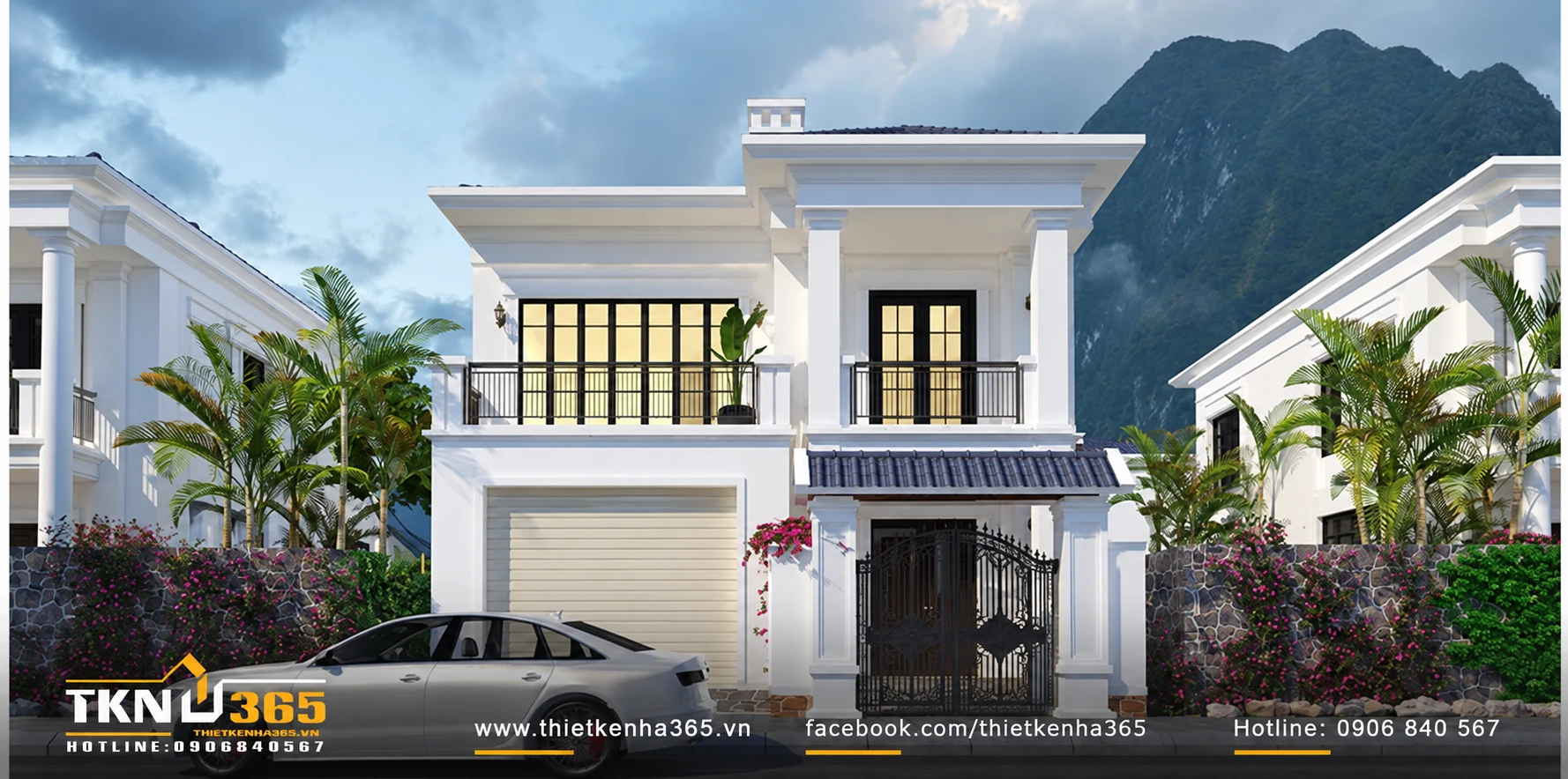 Thiết kế mặt tiền biệt thự Pháp 2 tầng hiện đại có gara ô tô