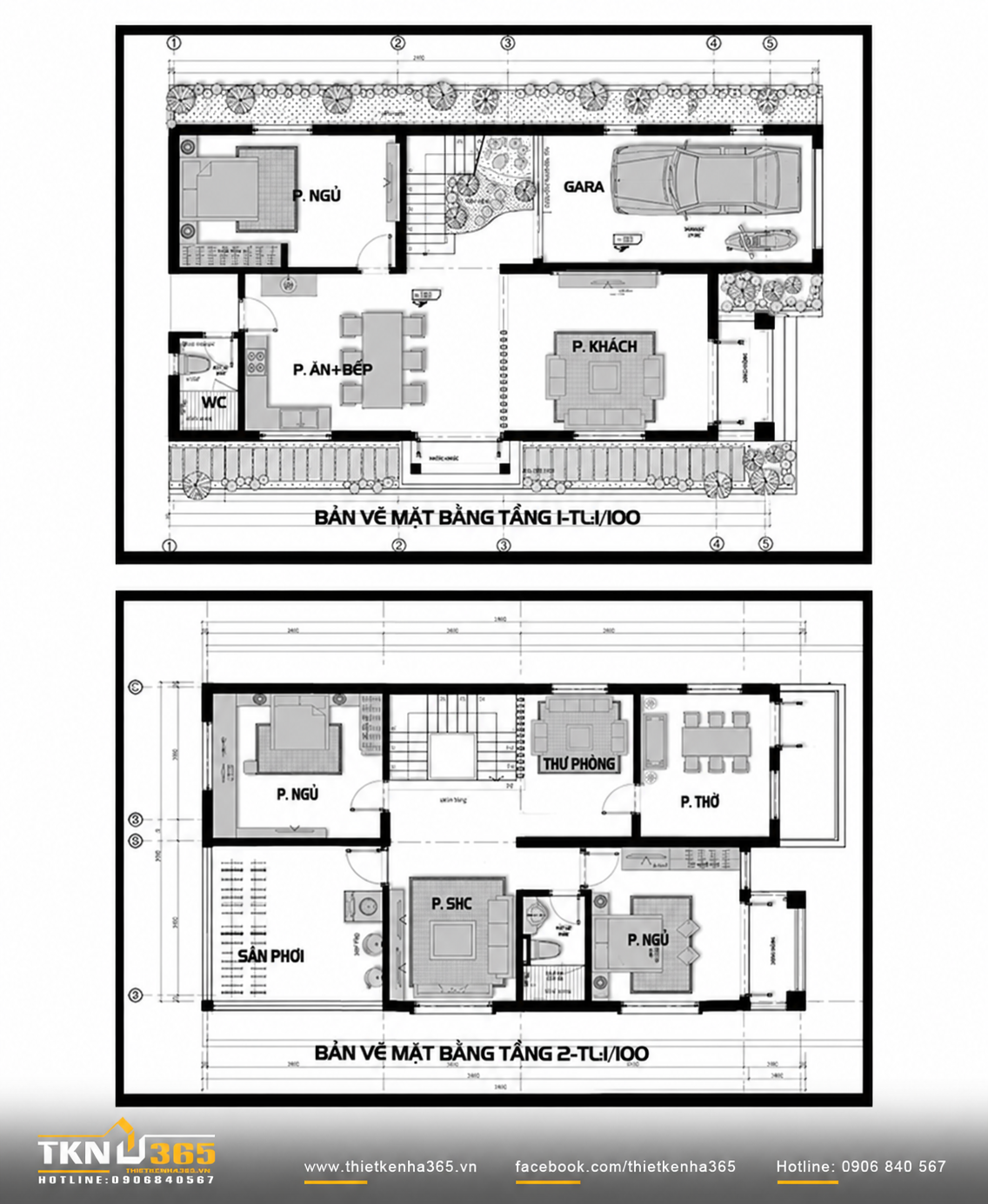 Bản vẽ thiết kế biệt thự 2 tầng kiểu Pháp hiện đại có gara ô tô